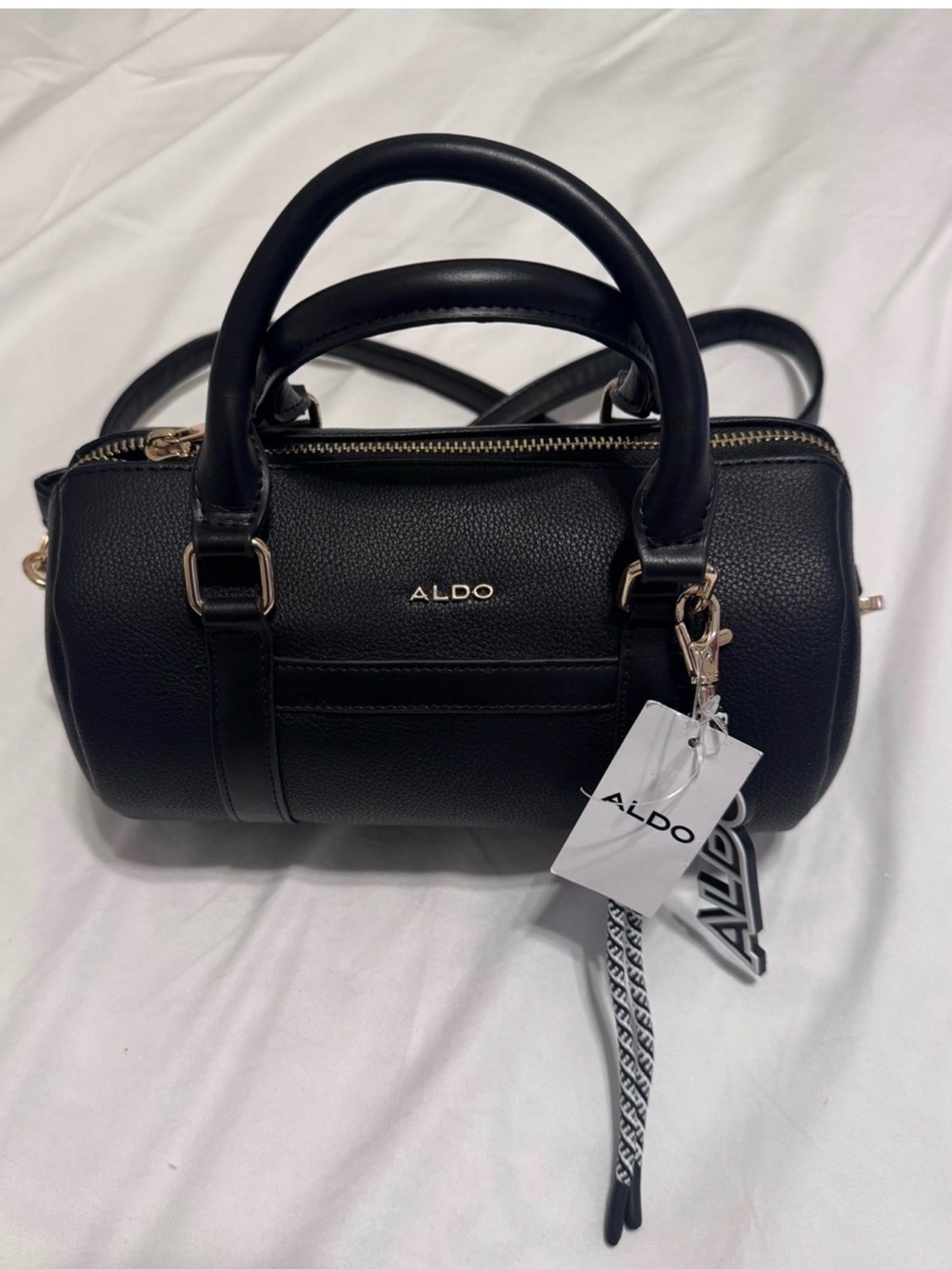 Aldo Black Pebbled Mini Barrel Bag with Gold Hardware😎